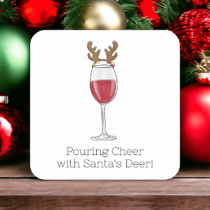 Pouring Cheer Santa’s Deer Christmas Wine Square Paper Coaster