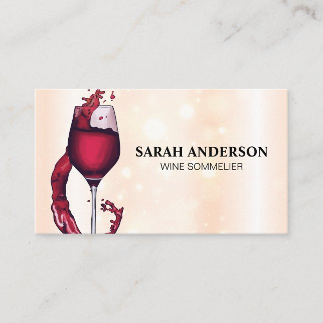 Pouring Red Wine Glass | Bokeh Background Business Card (Front)