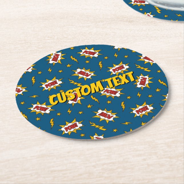 Pow Comic Sound Effect Pattern Round Paper Coaster (Angled)