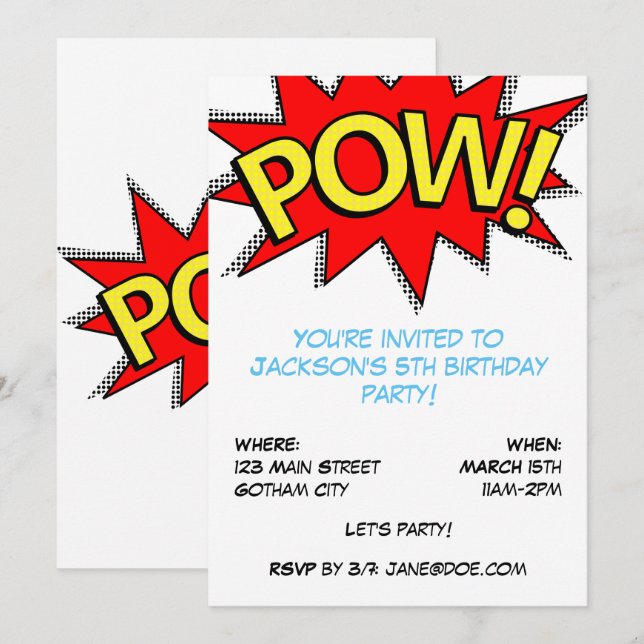 POW! Superhero Comic Book Birthday Party Template (Front/Back)