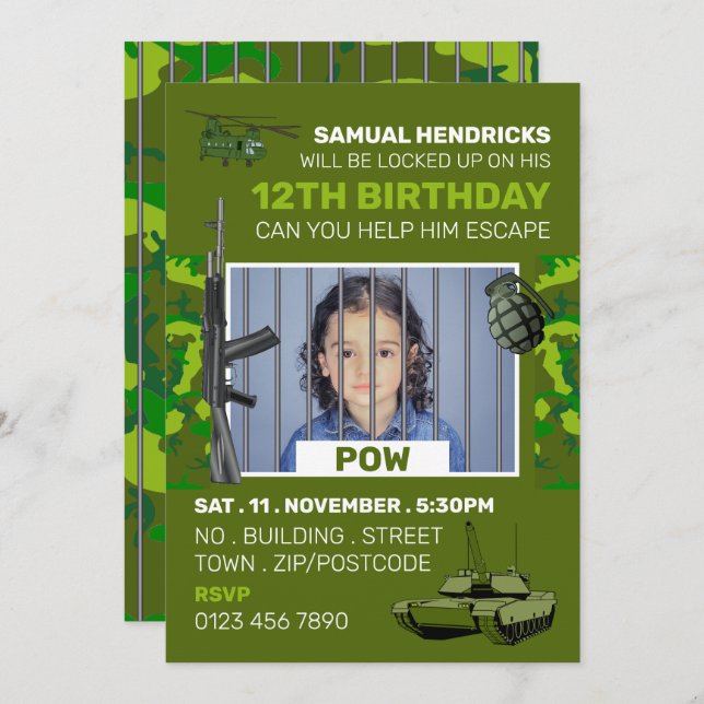 POW, War Themed Escape Room, Birthday Party Invitation (Front/Back)