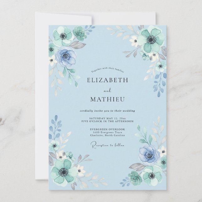 Powder Aqua Leafy Wedding Invitation (Front)