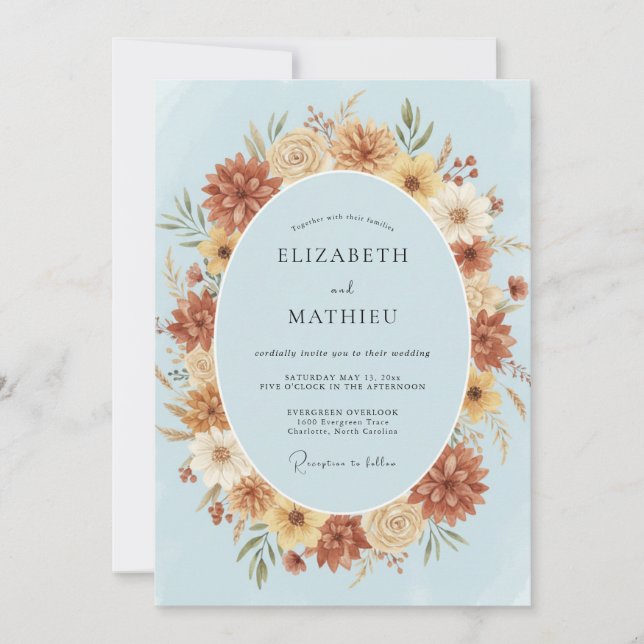 Powder Azure Terracotta Wreath Wedding Invitation (Front)