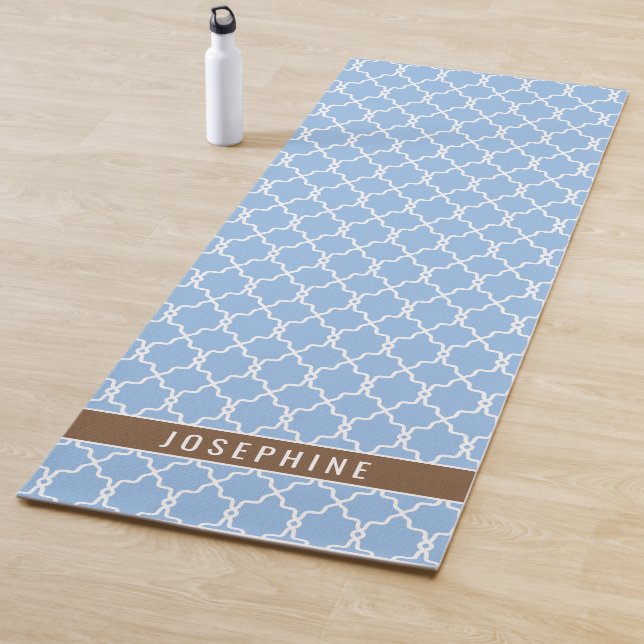 Powder Blue And Brown Trellis Pattern With Name Yoga Mat (In Situ)