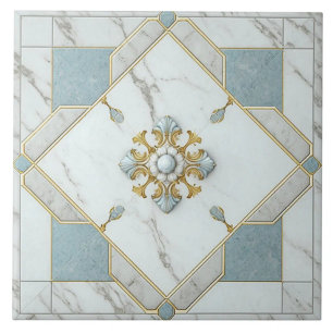 Powder Blue and Gold Floral Medallion Tile