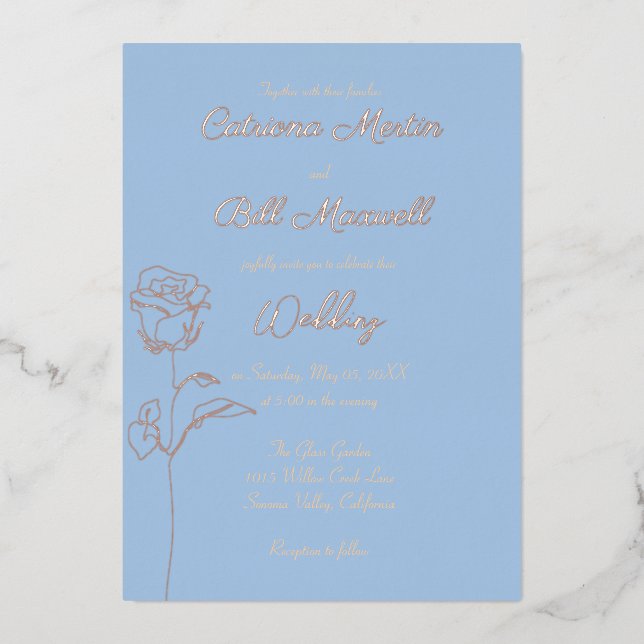 Powder Blue and Rose Gold Foil Wedding Invitation (Front)