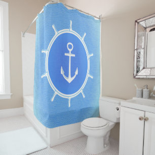 Powder Blue and White nautical anchor and wheel Shower Curtain