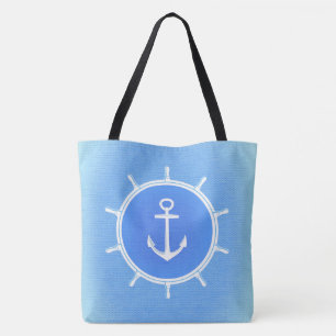 Powder Blue and White nautical anchor and wheel Tote Bag