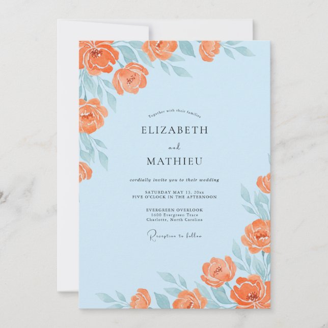 Powder Blue Apricot Blossom Wedding Invitation (Front)