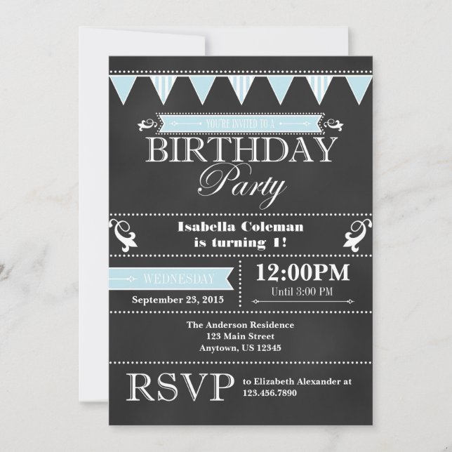 Powder Blue Black Chalkboard Birthday Invitation (Front)