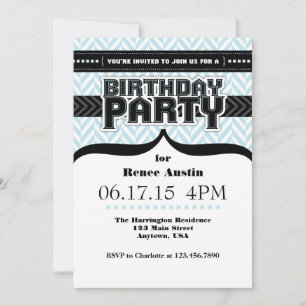 Powder Blue Black Herringbone Birthday Invite
