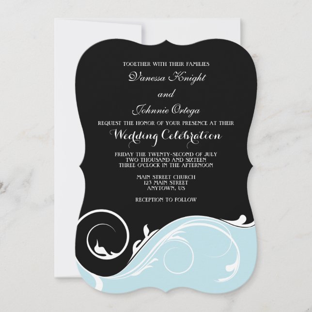 Powder Blue Black Swirl Bracket Wedding Invites (Front)