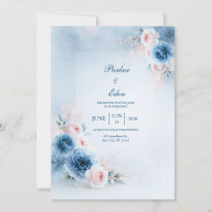 Powder Blue Blush Floral Frame Wedding Invitation