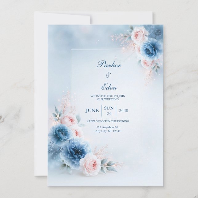 Powder Blue Blush Floral Frame Wedding Invitation (Front)