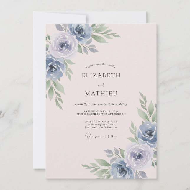 Powder Blue Blush Floral Wedding Invitation (Front)