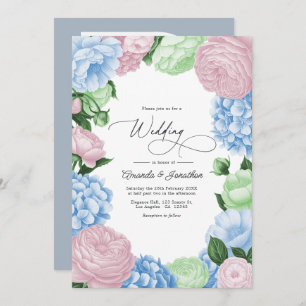 Powder Blue, Blush Pink/Light Sage Floral Wedding Invitation