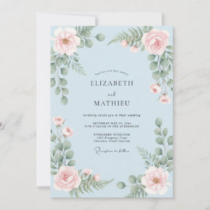 Powder Blue Blush Rose Wedding Invitation