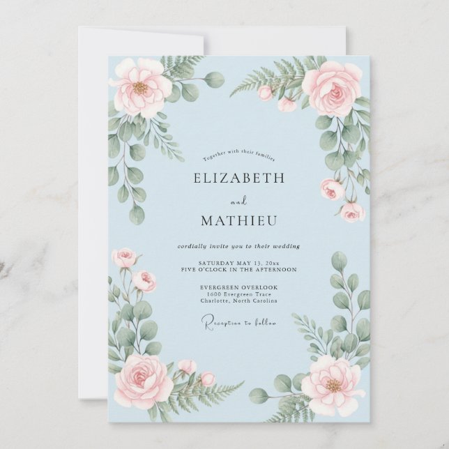 Powder Blue Blush Rose Wedding Invitation (Front)