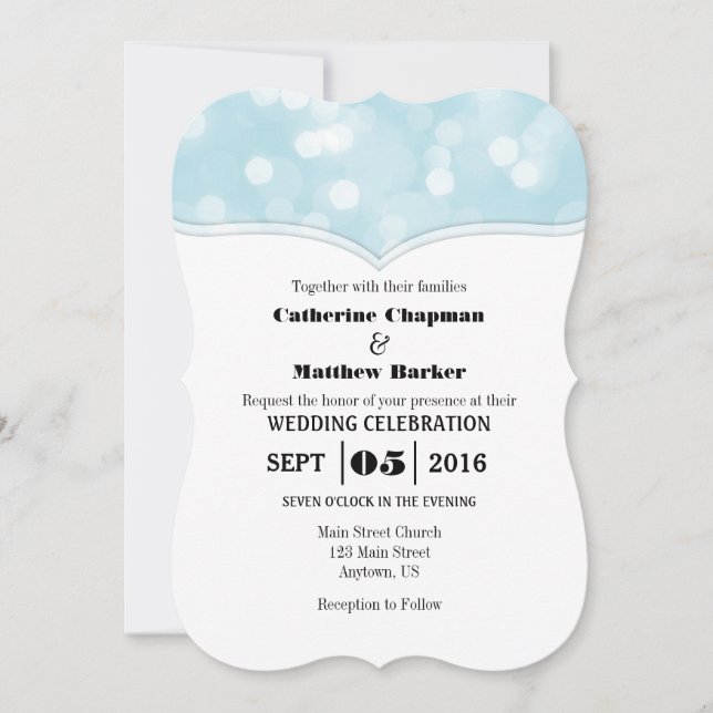 Powder Blue Bokeh Glitter Lights Wedding Invites (Front)
