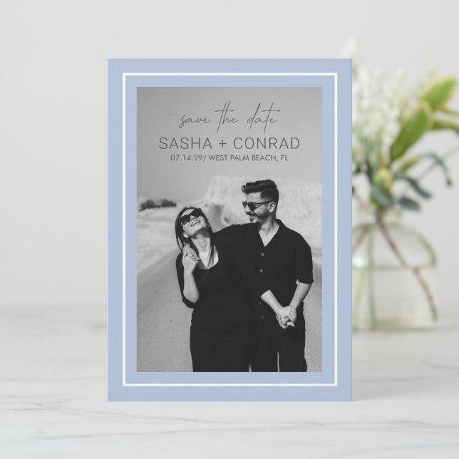 Powder Blue Bold Border Photo Modern Wedding Save The Date (Standing Front)