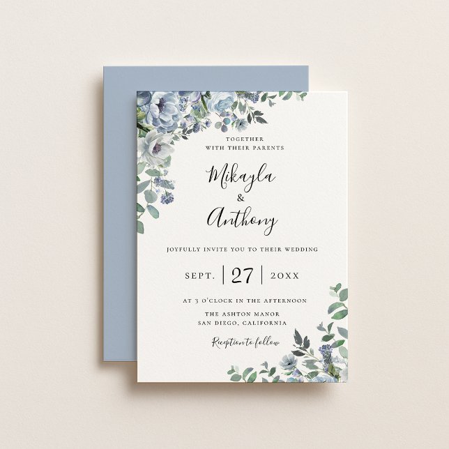 Powder Blue Botanical Floral Wedding Invitation (Creator Uploaded)