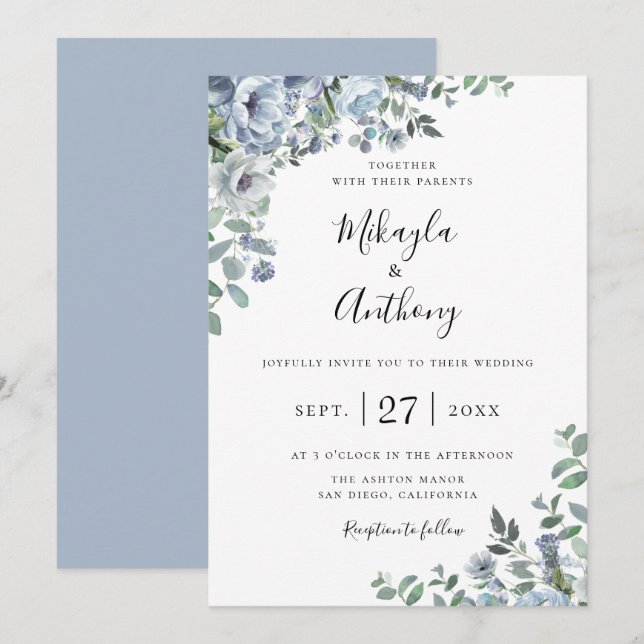 Powder Blue Botanical Floral Wedding Invitation (Front/Back)