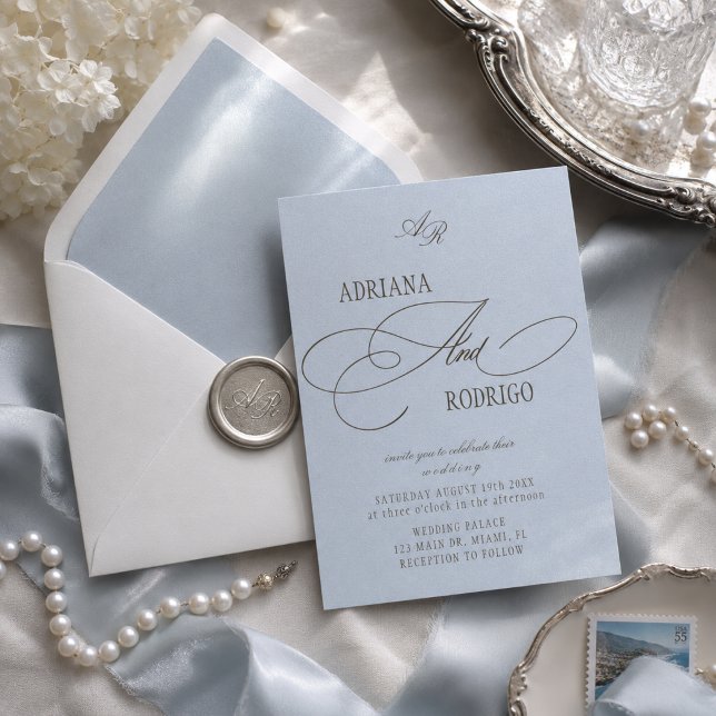 Powder Blue Brown Elegant Wedding Invitation (Creator Uploaded)