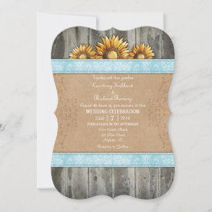 Powder Blue Brown Rustic Sunflower Wedding Invite