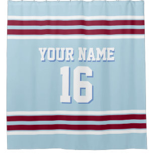 Powder Blue Burgundy White Stripes Sports Jersey Shower Curtain