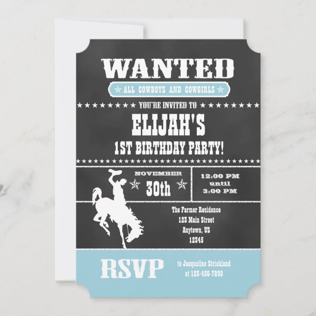 Powder Blue Chalkboard Cowboy Birthday Invitation (Front)