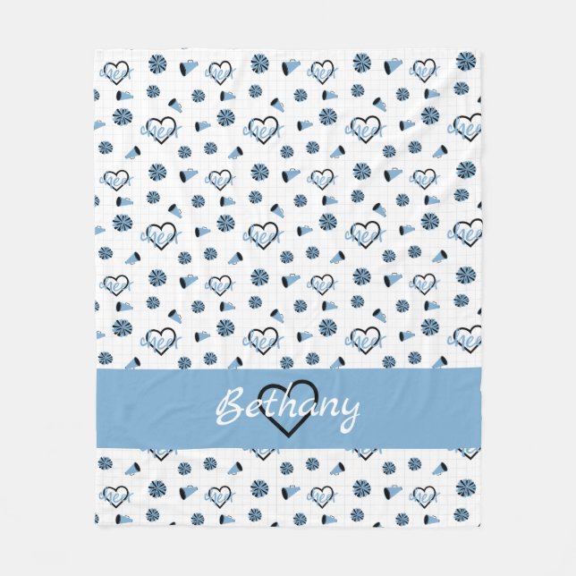 Powder Blue Cheer Hearts, Pom Poms, Megaphone Fleece Blanket (Front)