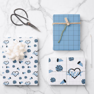 Powder Blue Cheer Hearts, Pom Poms, Megaphone Wrapping Paper Sheet
