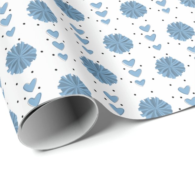 Powder Blue Cheerleader Pom Poms & Hearts Pattern Wrapping Paper (Roll Corner)