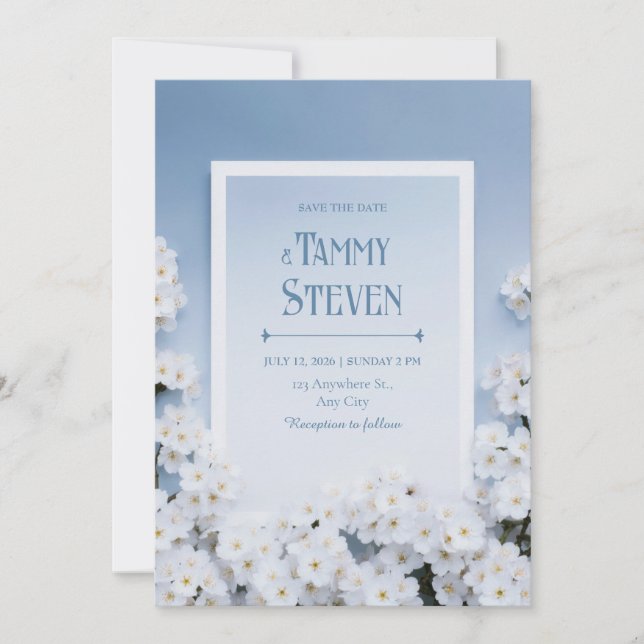 Powder Blue Cherry Blossom Border Wedding Invitation (Front)