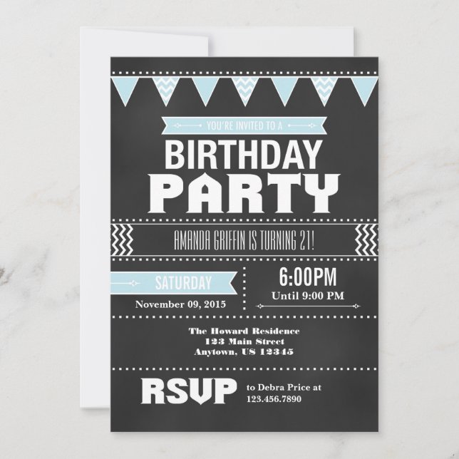 Powder Blue Chevron Chalkboard Birthday Invitation (Front)