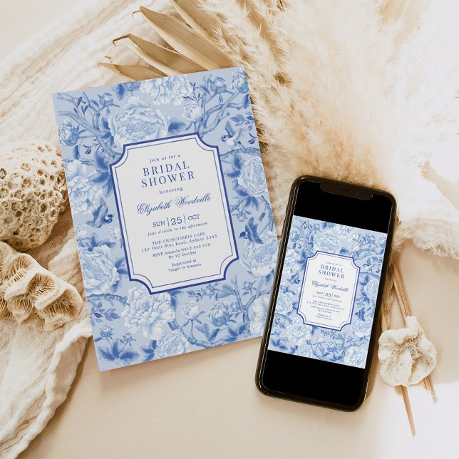 Powder Blue Chinoiserie Floral Bridal Shower Invitation (Creator Uploaded)