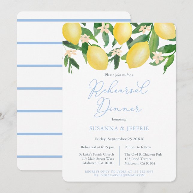 Powder Blue Citrus Lemons Wedding Rehearsal Dinner Invitation (Front/Back)