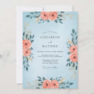 Powder Blue Coral Blossom Wedding Invitation