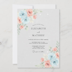 Powder Blue Coral Rose Wedding Invitation