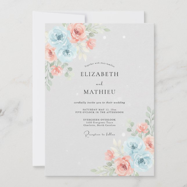 Powder Blue Coral Rose Wedding Invitation (Front)