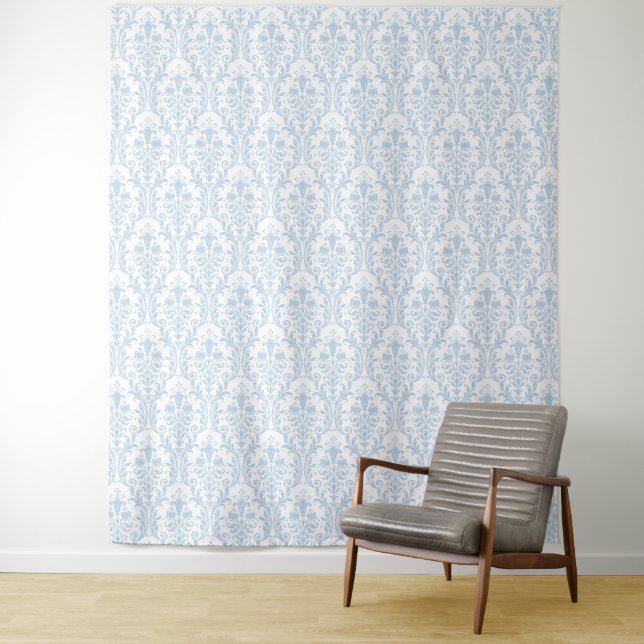 Powder Blue Damask on White Floral Swirl Backdrop Tapestry (In Situ)