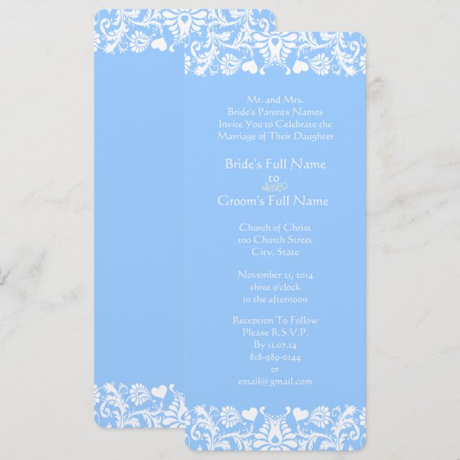 Powder Blue  Damask Wedding Invitation (Front/Back)