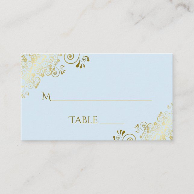 Powder Blue Elegant Gold Lace Wedding Escort Card (Front)