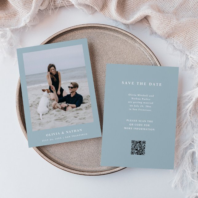 Powder Blue Elegant Text and Photo Wedding QR Code Save The Date (Creator Uploaded)