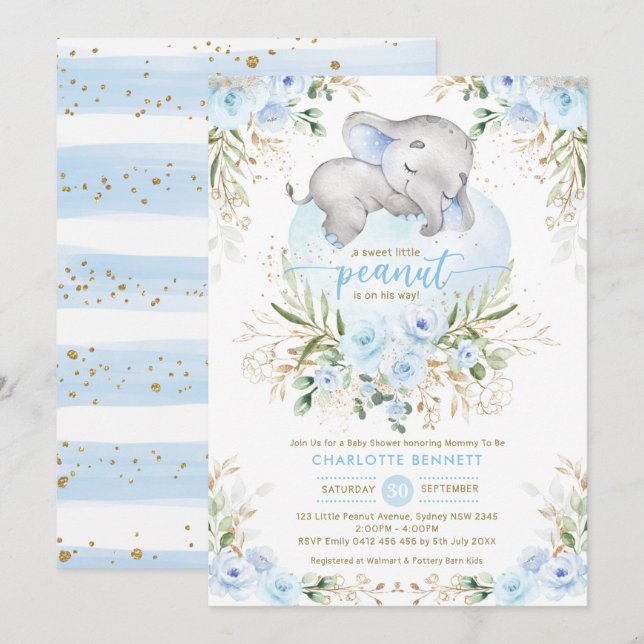 Powder Blue Elephant Boy Baby Shower Invitation (Front/Back)
