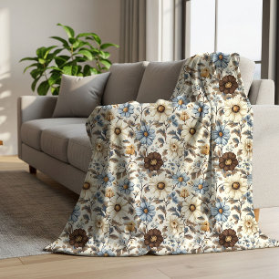 Powder Blue Floral Brown Flowers Boho Chic Warm Sherpa Blanket