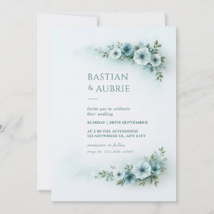 Powder Blue Floral Corner Spray Wedding Invitation