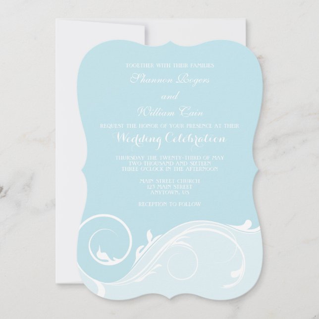 Powder Blue Floral Swirl Bracket Wedding Invites (Front)
