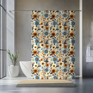 Powder Blue Floral Terracotta Boho Bath Curtain