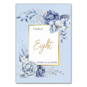 Powder Blue Floral Wedding, Elegant Gold Accent Table Number